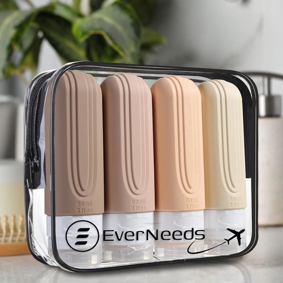 EverNeeds Bouteilles de voyage avec étui - rechargeables - Bouteilles de voyage en silicone pour bagages à main - crème - 4 pièces
