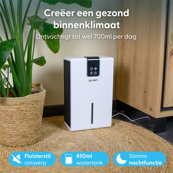 Déshumidificateur Ølven - Déshumidifie jusqu'à 0,7L par jour - Déshumidificateur - Silencieux - Mode nuit - Blanc