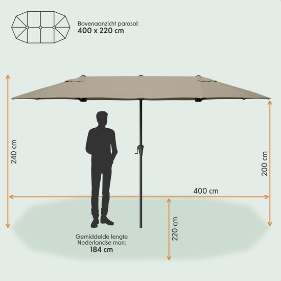 LifeGoods Parasol double - jardin - 220x400cm - jusqu'à 8 personnes - imperméable - UPF50+ - Taupe