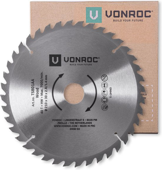 Lame de scie VONROC - 210mm - 40 dents - pour le bois - convient aux scies à table et aux scies à tronçonner