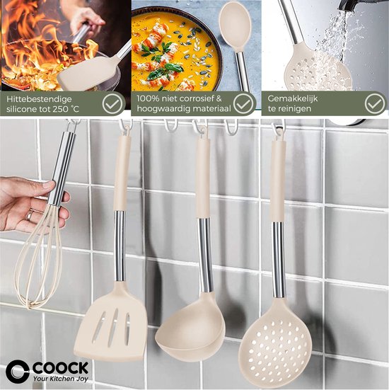 COOCK Batterie de cuisine en silicone avec support XL - Batterie de cuisine 26 pièces - Sans BPA ni plastique - Susceptible d'être suspendue - Ouvre-boîte inclus - Beige