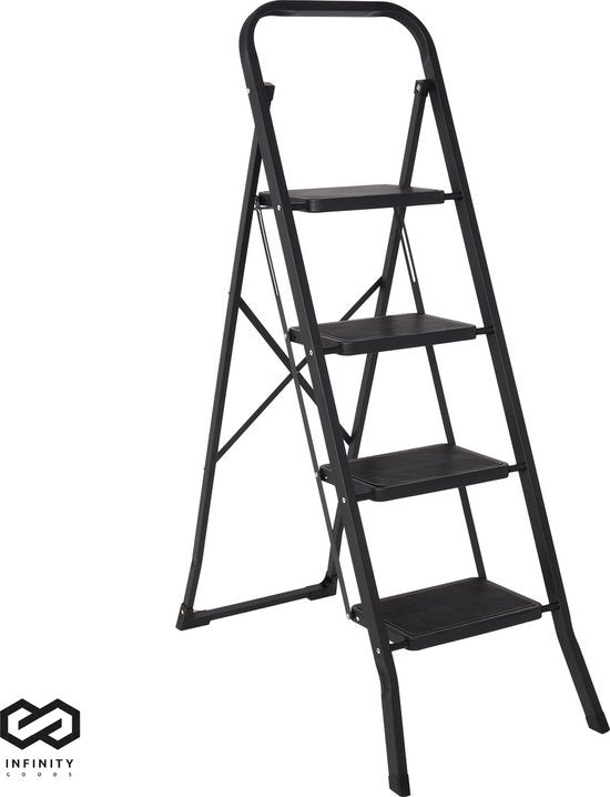 Infinity Goods Échelle domestique robuste 4 marches - Escalier de cuisine pliable - antidérapant - Échelle d'escalier - Pliable - Métal - Noir