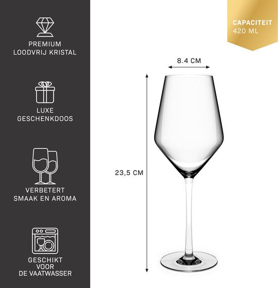 BarDeluxe® Wine Glasses White Wine - Verres en cristal soufflés à la main 420ml - Faits à la main et sans plomb - Verres à vin - 4 pièces - Set de luxe pour le bar ou le dîner