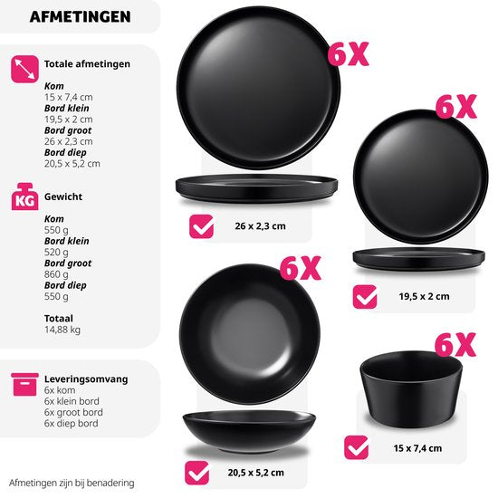 tectake® Service de table Una - 24 pièces - Faïence 6 personnes - Elégant, durable et idéal pour un usage quotidien ou des occasions festives - Grandes et petites assiettes, bols/plats - noir mat