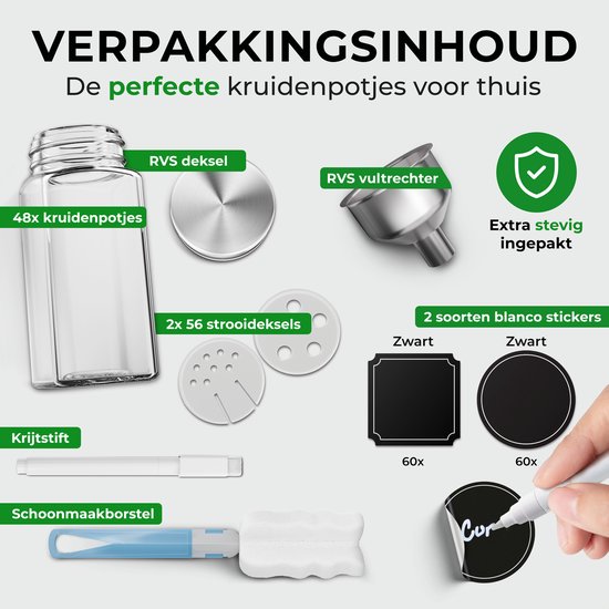 Soothe 48 pots à épices carrés en verre avec couvercle en acier inoxydable - 2 types de couvercles à saupoudrer - Spice Spreader - pots à épices - Set complet avec stickers à épices, stick à craie et accessoires - 120ml
