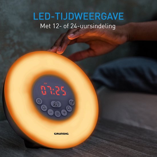 Réveil lumineux - Grundig - avec radio FM - Réveil lumière avec simulation lever de soleil - Réveil Numérique - 10 sons naturels