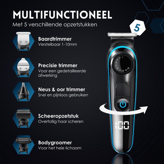 Tondeuse à barbe 5 en 1 pour hommes - 5 accessoires interchangeables - Tondeuse pour le corps et la barbe - Tondeuse pour le corps - Tondeuse pour le nez et les oreilles