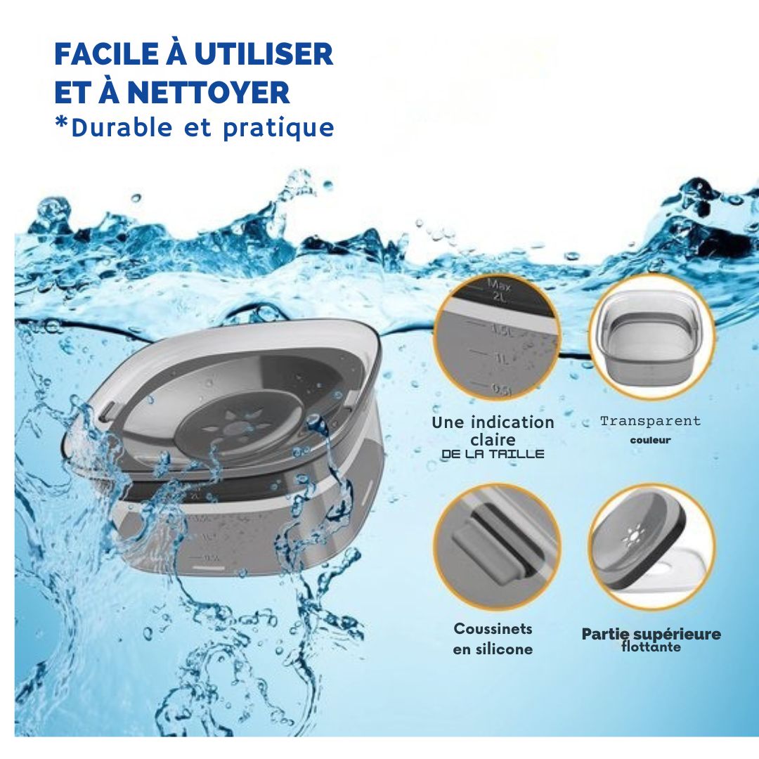 Bol à eau pour chiens Vulpes Goods® - Anti-renversement - Réduit la bave - En déplacement - 2L - Transparent Noir