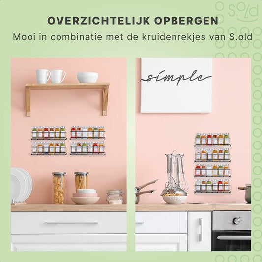 S.old - 36 pots à épices en verre carrés avec couvercle - Spice Spreader - Set complet avec couvercles à saupoudrer, autocollants préimprimés et entonnoir - Capacité 120 ml - 10,5 x 4,3 cm