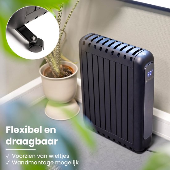 QLT Electric Heater with App Control, Thermostat and Timer - Convector heater - Oil-free Radiator with Wheels and Wall Option - Up to 20m² - Black