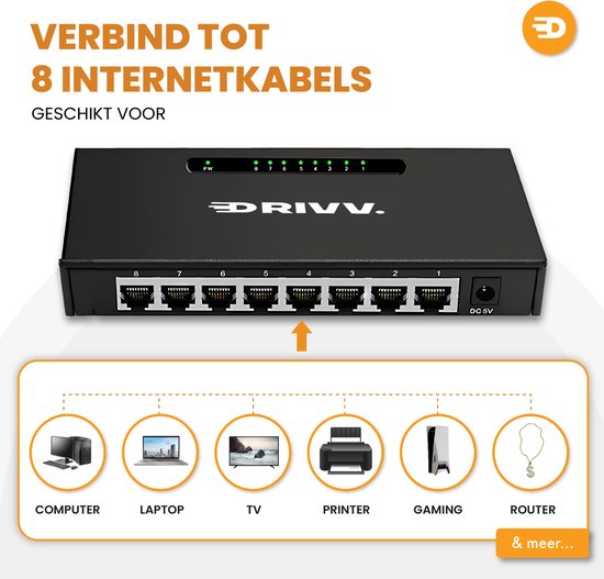 Drivv. Commutateur réseau - 8 ports - Commutateur Internet - Répartiteur RJ45 - noir