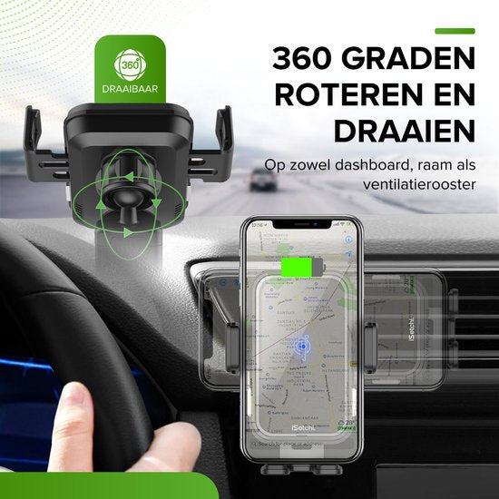 iSetchi Telefoonhouder - Qi Draadloze Oplader - 15 Watt Snellader - Ventilatierooster