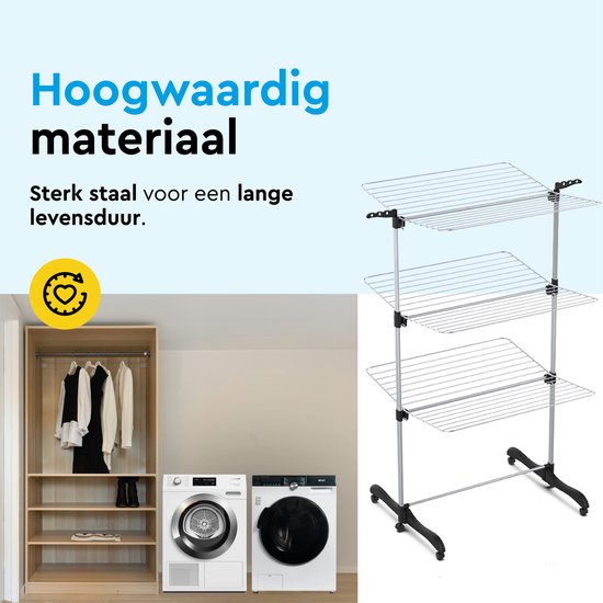 BRASQ Drying Tower Collapsible 3 Layers - Drying Length 36 Metres - Laundry Rack with Wheels and Holders - Drying Rack - Laundry Tower 77x73x140 cm