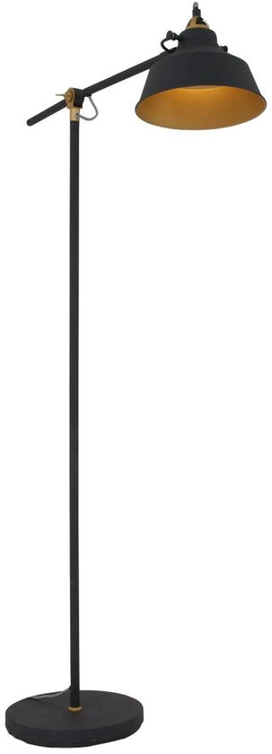 Lampadaire noir Nove 1322ZW - Lampe industrielle pivotante et inclinable avec détails dorés, prise E27, métal et plastique - Mexlite