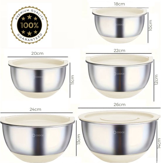 COOCK inox - Set de bols à mélanger avec couvercle - Bols à frire avec couvercle - Bol de stockage avec râpe - Bol pour salades et mélanges - Set de 22 pièces de 1,5 à 5 litres - Beige - Cuillères à mesurer incluses