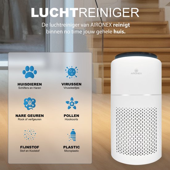 Purificateur d'air Aironex avec filtre HEPA - 40 m2 - Convient au salon, à la chambre à coucher, au bureau, à la chambre de bébé - Indicateur de la qualité de l'air - Fonctionne contre les acariens, le rhume des foins, les allergies, la poussière - Élimin