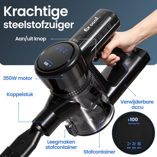 Aspirateur à manche G100M - 350W - Aspirateur à manche avec fonction serpillière - Aspirateur à manche sans fil - set de 9 pièces avec manche pliable - 35kPa - Aspirateur à poussière - Noir - Saaf
