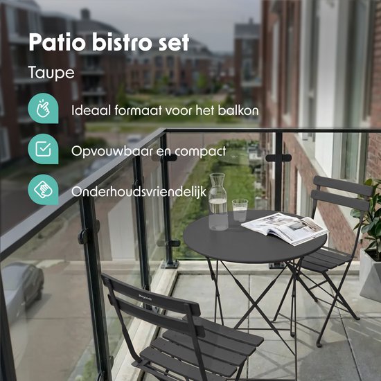 LifeGoods Set Bistro - Acier - 3 pièces - Set de jardin - Pliable - Set de balcon avec table - Résistant aux intempéries - Gris foncé