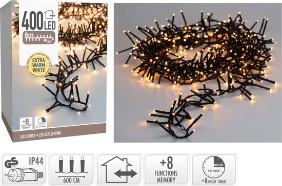 Lumières de Noël Maxi Cluster - 400 led - 6m - blanc chaud extra - Minuterie - Fonctions d'éclairage - Mémoire - Extérieur