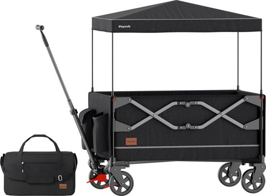 LifeGoods Wagon - Pliable - Transport d'enfants - Avec toit - Capacité de charge 80KG - Chariot de plage - Roues pivotantes - Anthracite