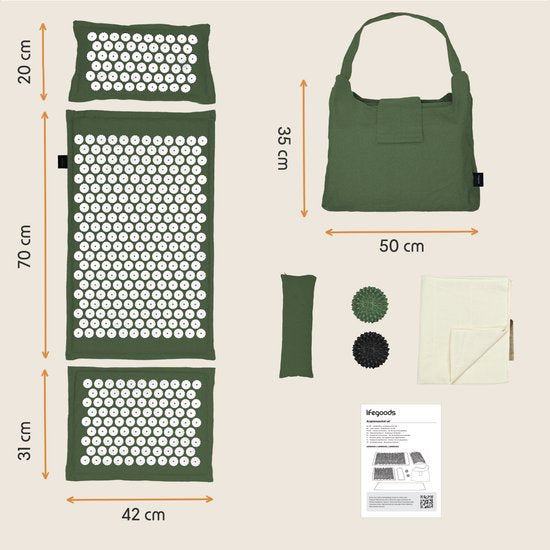 LifeGoods Acupressure Mat Eco - Set complet - oreiller / sac de transport / 2x Trigger Point Ball - Shakti mat - Nail Mat - 72x43x2cm - Vert/Blanc