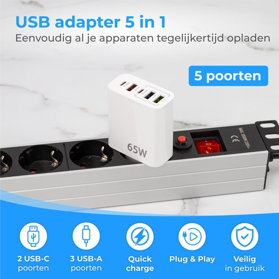 Nuvance - Adaptateur USB - 5 Ports - Prise USB - Chargeur USB - Convient à tout câble USB - Blanc