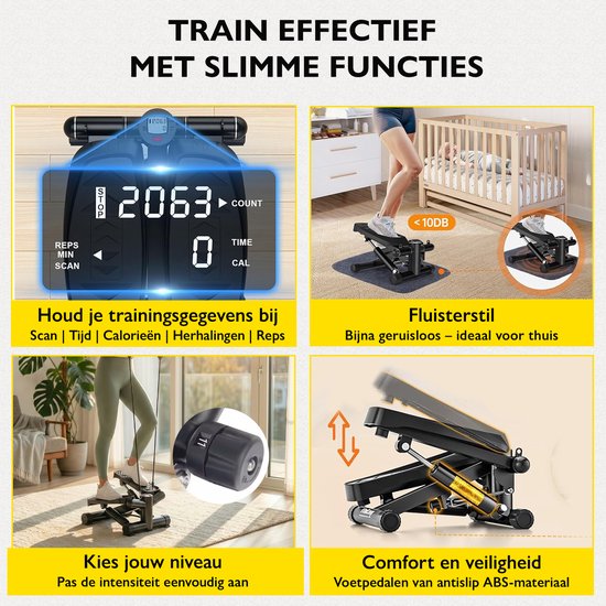 Zoluko Stepper avec résistance - avec bandes de résistance et livre électronique - Stepper Fitness - Fitness Step - Mini Stepper - Step Fitness - Aerobic Step - Step - Stepper Fitness Device - Exercise Bike - Noir