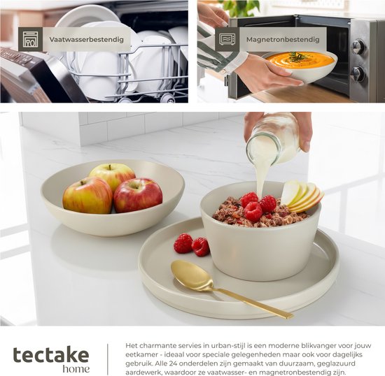 tectake® Service de vaisselle Una - 24 pièces - Faïence - 6 personnes - Service de vaisselle élégant et durable - Ensemble d'assiettes avec grandes et petites assiettes, bols, coupes - Taupe