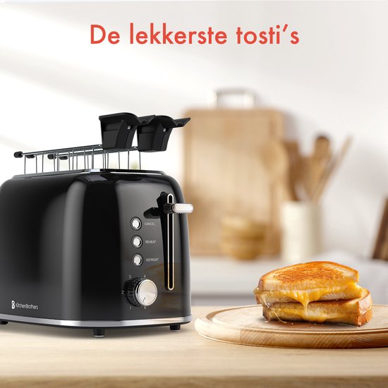 KitchenBrothers Grille-pain 6 niveaux de chaleur - Fentes larges - Grille-pain pour machine à sandwich - 870 W - Noir