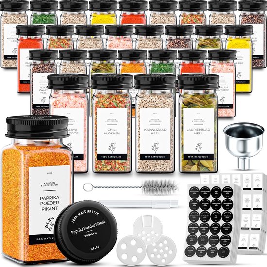 Organess 28 pots à épices en verre carrés avec couvercle noir - 3 types de couvercles à saupoudrer - Spice Spreader - pots à épices - set complet avec stickers à épices, stick à craie et accessoires - 120ml