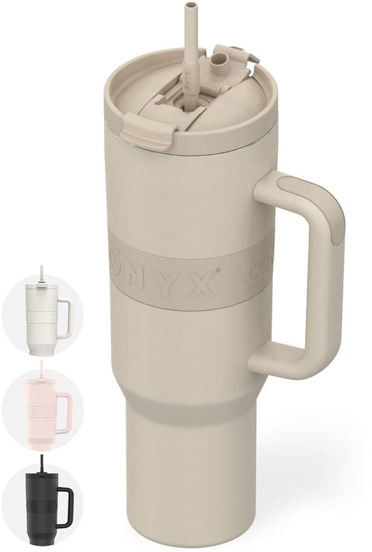 ONYX Bouteille à boire avec paille 1 litre - Bouteille d'eau pour enfants et adultes - Tasse thermos en acier inoxydable - Buvette de motivation - Tasse à boire pour l'école - Beige sable