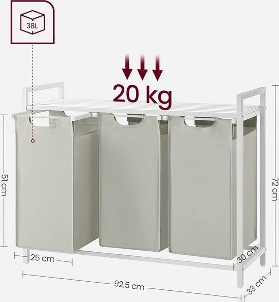 VASAGLE - Panier à linge, panier à linge sale, avec 3 compartiments et 3 poches amovibles en tissu Oxford, plan de travail, cadre métallique - 3 x 38 litres, 92,5 x 33 x 72 cm, blanc BLH301W01
