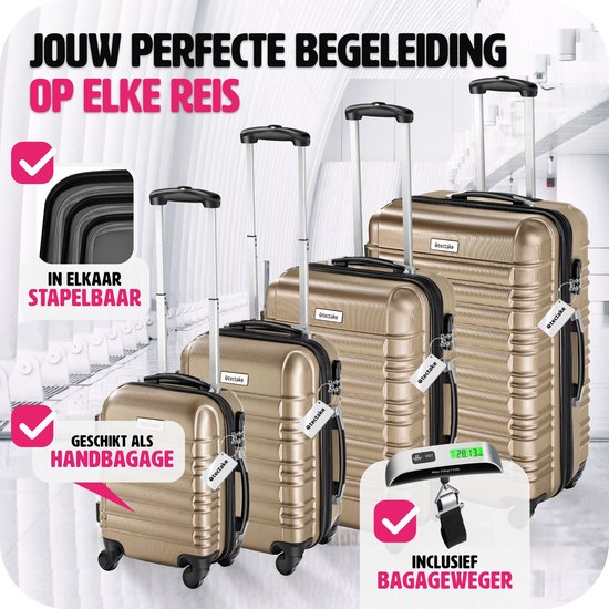tectake® - Set de 4 valises à coque dure - Set de valises de voyage à roulettes - ABS - Poignée télescopique et serrure - Pèse-bagages inclus - Tailles des trolleys S-M-L-XL - Champagne
