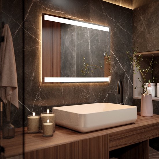 Mirlux Miroir de salle de bain avec éclairage LED et chauffage - Miroir mural rectangulaire - Miroir de douche anti-condensation - 90x65CM