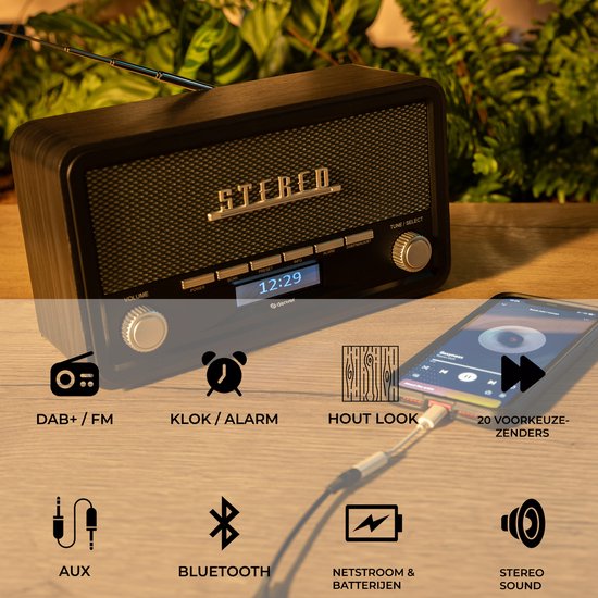 Denver DAB Radio - Retro Radio - Bluetooth - DAB+/ FM - Dimmable - Batteries et secteur - DAB18DG