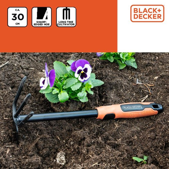 BLACK+DECKER Double Hoe - 3 Pins et Hoe - 30 CM - Poignée ergonomique - Noir/Orange