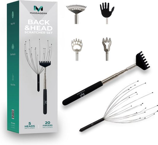 Massagerr® Head & Back Scratcher Set - 5-in-1 Back Scratcher with 5 attachments - Head Scratcher with 20 Fingers - Back Massage - Ultimate Scratching Feeling - Massage