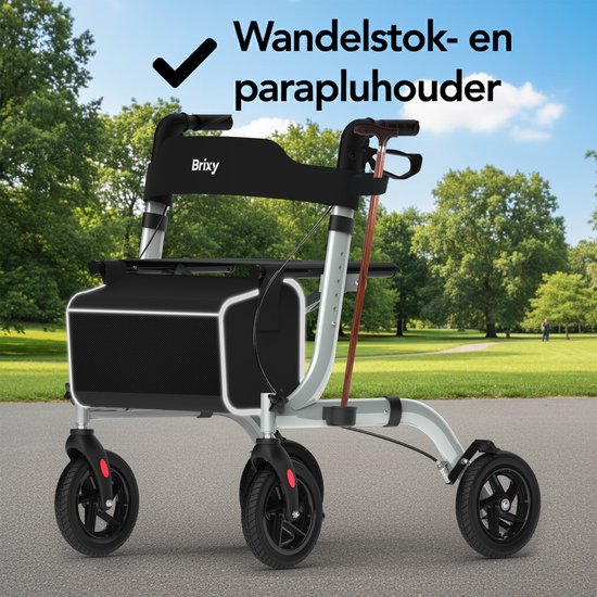 Rollator Brixy - Léger et pliable - Fonction siège - Dossier, sac et support de canne - Gris