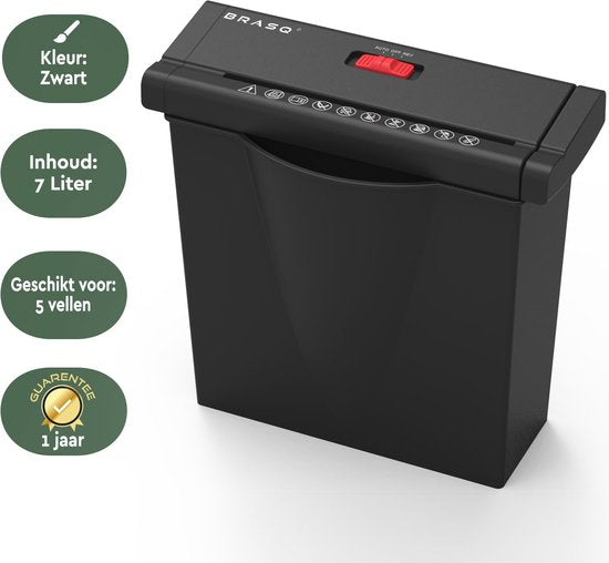 BRASQ Déchiqueteuse de papier avec bac noir - 7 litres - Déchiqueteuse de papier pour la maison et le bureau - P2 - bandes de 6 mm - 6 feuilles