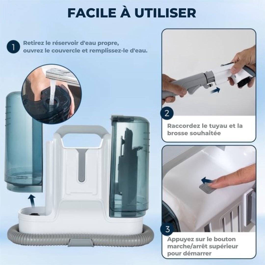 Nettoyeur de tapis avec 5 accessoires Saaf- Puissant 450W- Nettoyeur de banc portable - Pour tapis, meubles, voiture, fenêtres - Câble de 5M - Blanc