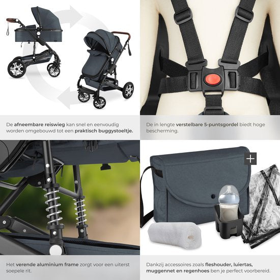 tectake® - Tapis de poussette multifonctionnel - Poussette 2 en 1 comprenant une chancelière, un habillage pluie, un porte-biberon et un panier de rangement - Poussette avec une capacité de charge de 15 kg - Pliable avec harnais 5 points - Anthracite