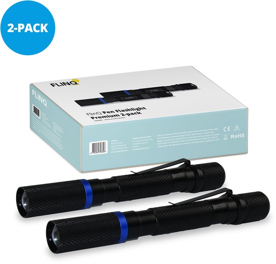FlinQ Lampe de poche à stylo - Ampoule LED 100 lumens - Alimentation par piles - Lampe de poche résistante à l'eau - Lampe de poche militaire - Idéale pour la trousse d'urgence - Convient aux enfants - Visibilité de 100 mètres - 2 lampes de poche