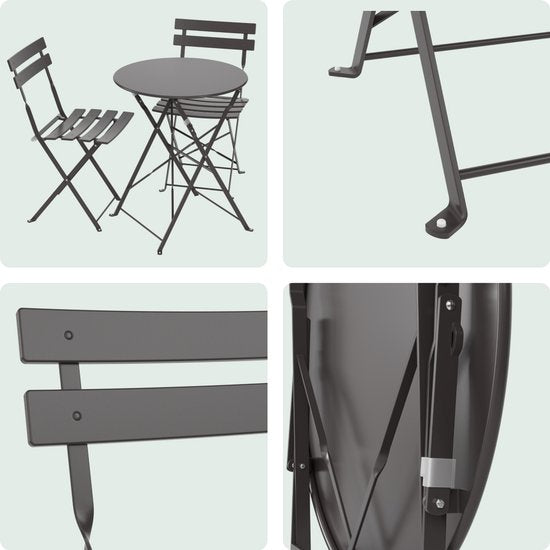 LifeGoods Set Bistro - Acier - 3 pièces - Set de jardin - Pliable - Set de balcon avec table - Résistant aux intempéries - Gris foncé