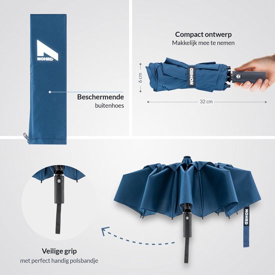 Parapluie Nohrd Storm - Bleu - Parapluie pliable - Perméable au vent - 140 km/h - Parapluies Storm - Pliage et dépliage automatique - Parapluies - Housse de protection incluse