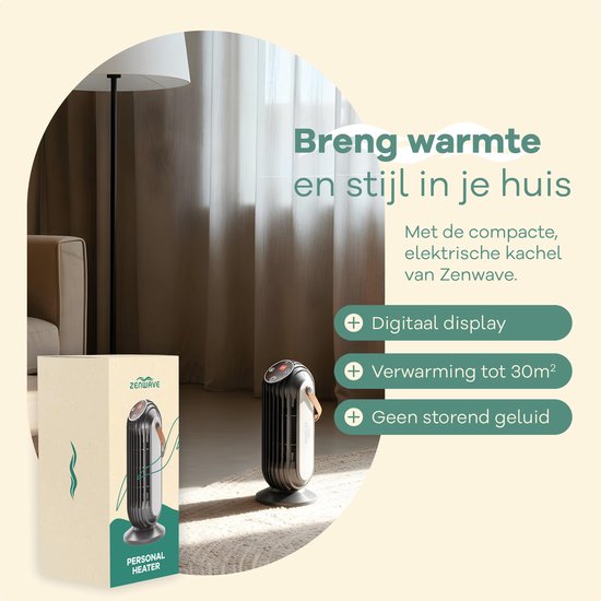 Zenwave Electric Heater with Display - Compact 1500W Fan heater - Chauffage avec 2 modes de chaleur et 1 mode de ventilation - Chauffage électrique pour l'intérieur et l'extérieur - Noir