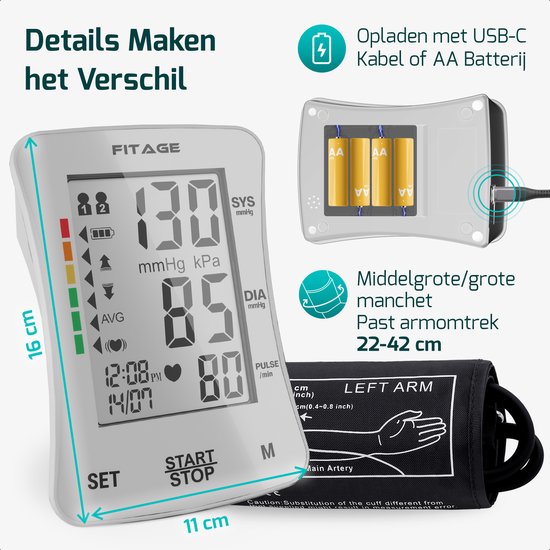 FITAGE Medical Tensiomètre pour le bras - Tensiomètres - Cardiofréquencemètre - Tensiomètre - Brassard 22-42cm - BLANC