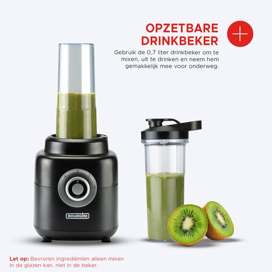 Bourgini PowerBlender - 1.75L - Blender à emporter avec gobelet de 700ml - Blender smoothie et broyeur de glace - 1000 watts - Noir