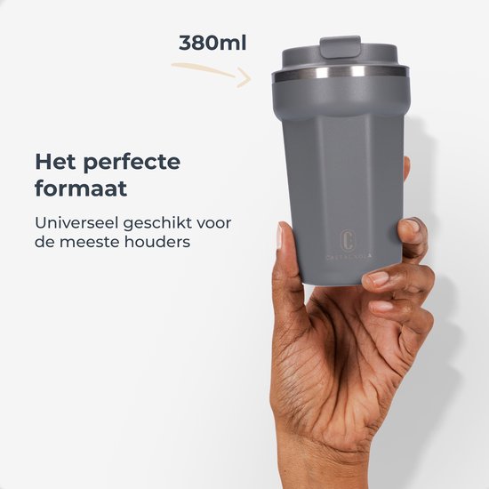 Castagnola Thermos Cup - Coffee Mug To Go - Travel Mug for Coffee and Tea - Tea Mug - 380 ML - Stainless Steel - Grey - Octagon