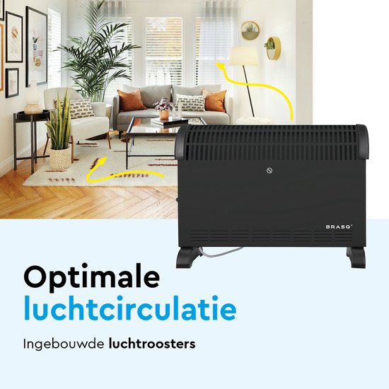 BRASQ Radiateur convecteur électrique - Thermostat réglable - Radiateur électrique - 750/1250/2000 watts - Chauffage - Noir