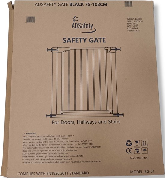 ADSafety Porte d'escalier sans perçage - 76 à 103 cm - 2 rallonges incluses - Fixation par pince - Barrière de sécurité - Barrière pour enfants - Barrière pour chiens - Noir